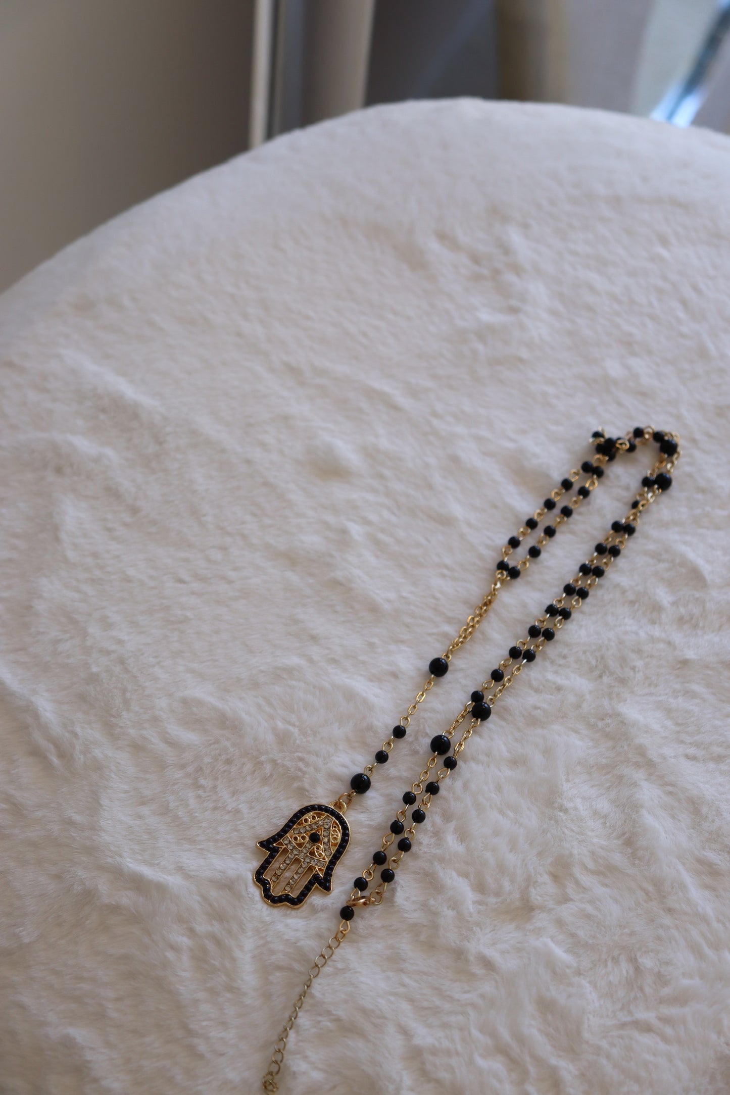 Large Black Gold Hamsa Hand Rosary Necklace