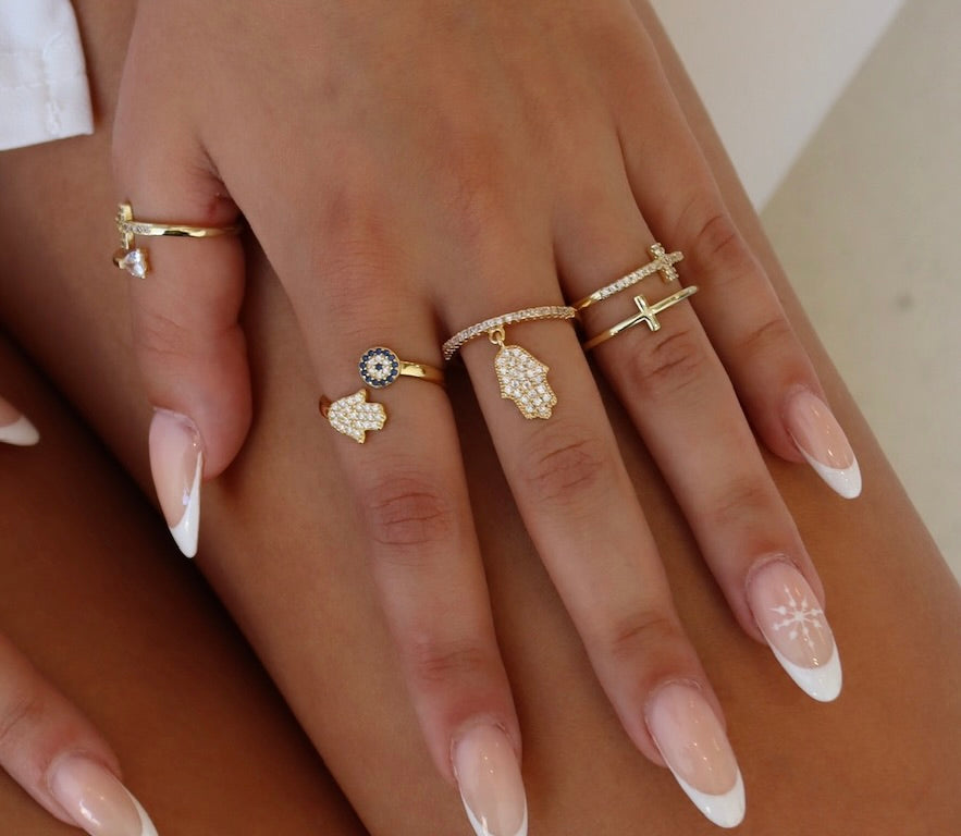 Cubic Zirconia - Dangling Hamsa Hand Rings
