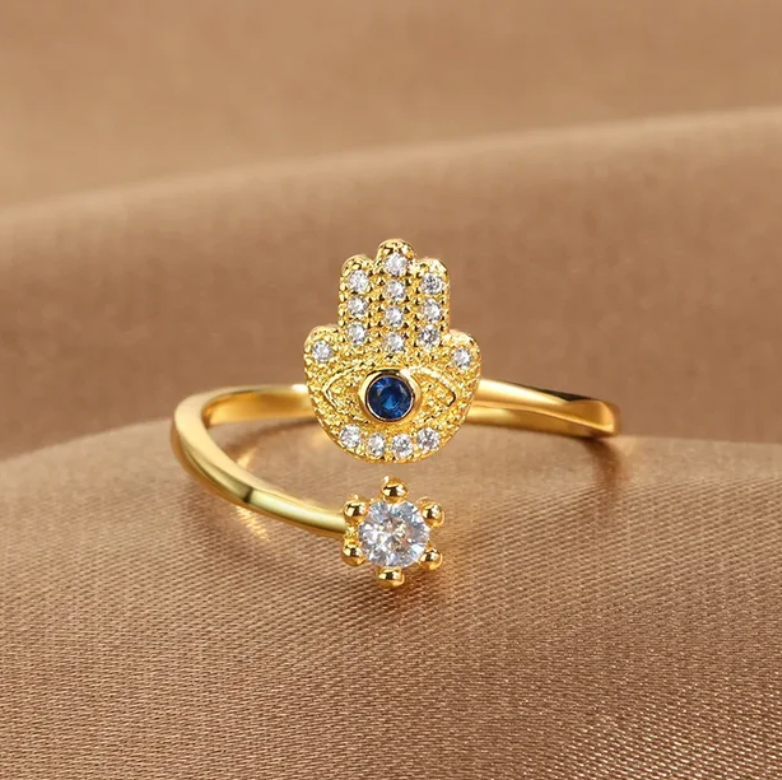 Cubic Zirconia - Gold Hamsa Hand + Crystal Ring