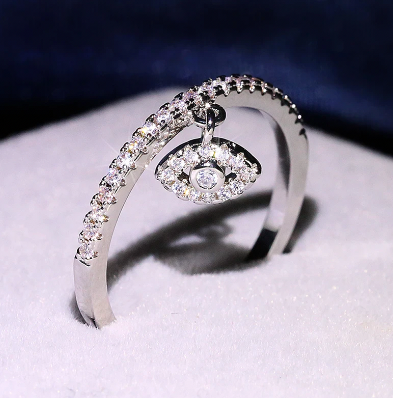 925 Sterling Silver - Dangling Evil Eye Ring