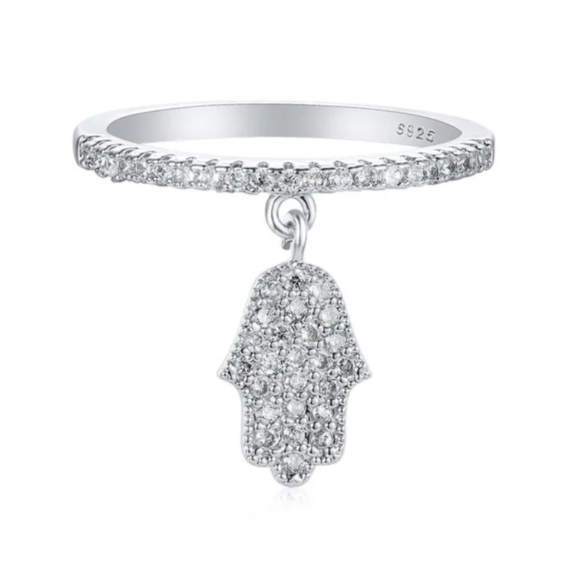 Cubic Zirconia - Dangling Hamsa Hand Rings