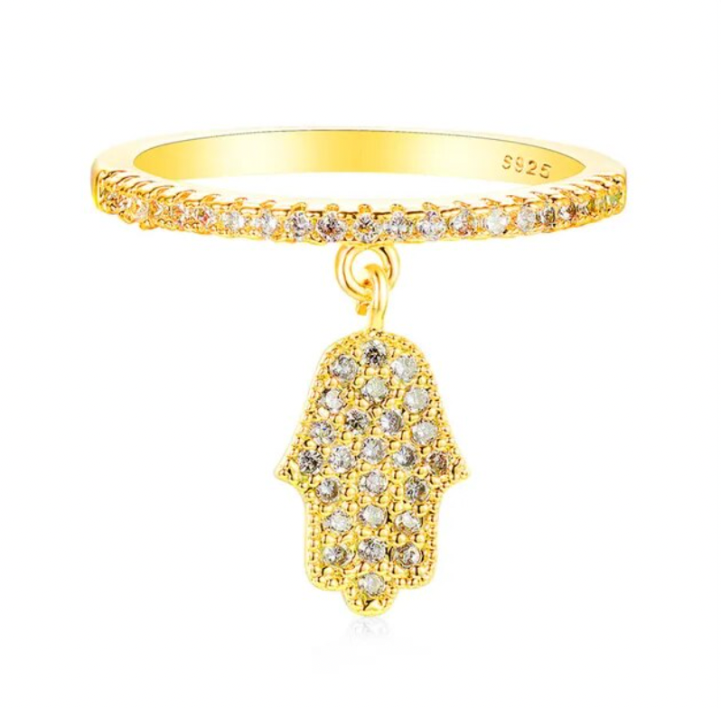 Cubic Zirconia - Dangling Hamsa Hand Rings