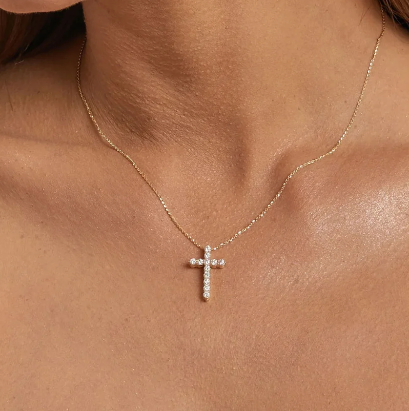 Cubic Zirconia Stainless Steel - Diamond Cross Necklace