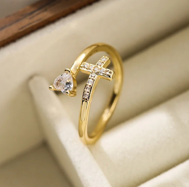 Cubic Zirconia - Gold Cross + Diamond Heart Ring