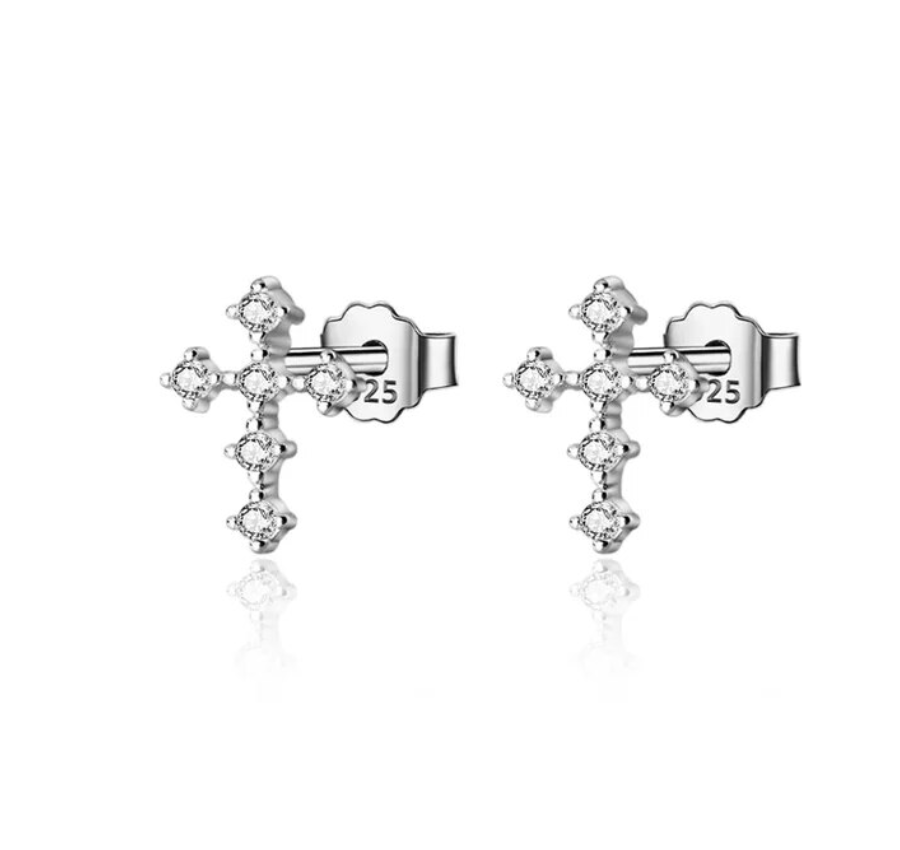 925 Sterling Silver Cubic Zirconia – Mini Diamond Cross Earrings