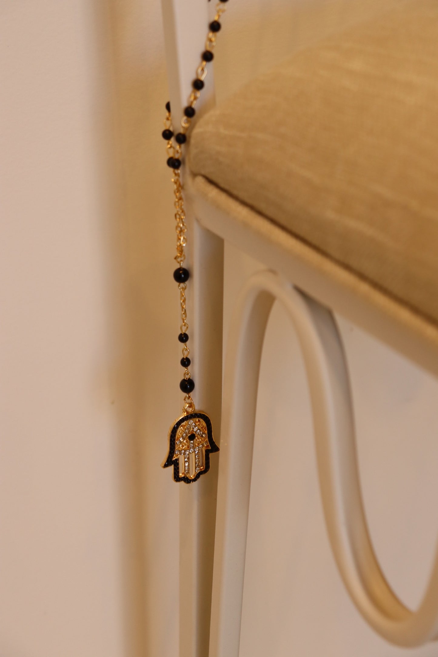 Large Black Gold Hamsa Hand Rosary Necklace