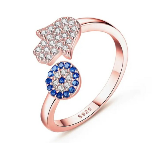 925 Sterling Silver - Hamsa Hand + Evil Eye Ring