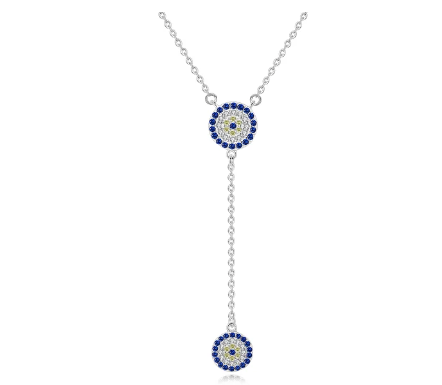 925 Sterling Silver - Dangling Double Evil Eye Necklace
