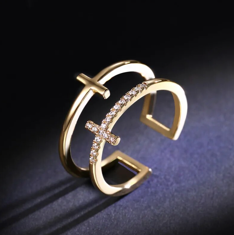 Gold Double Cross Rhinestone Ring