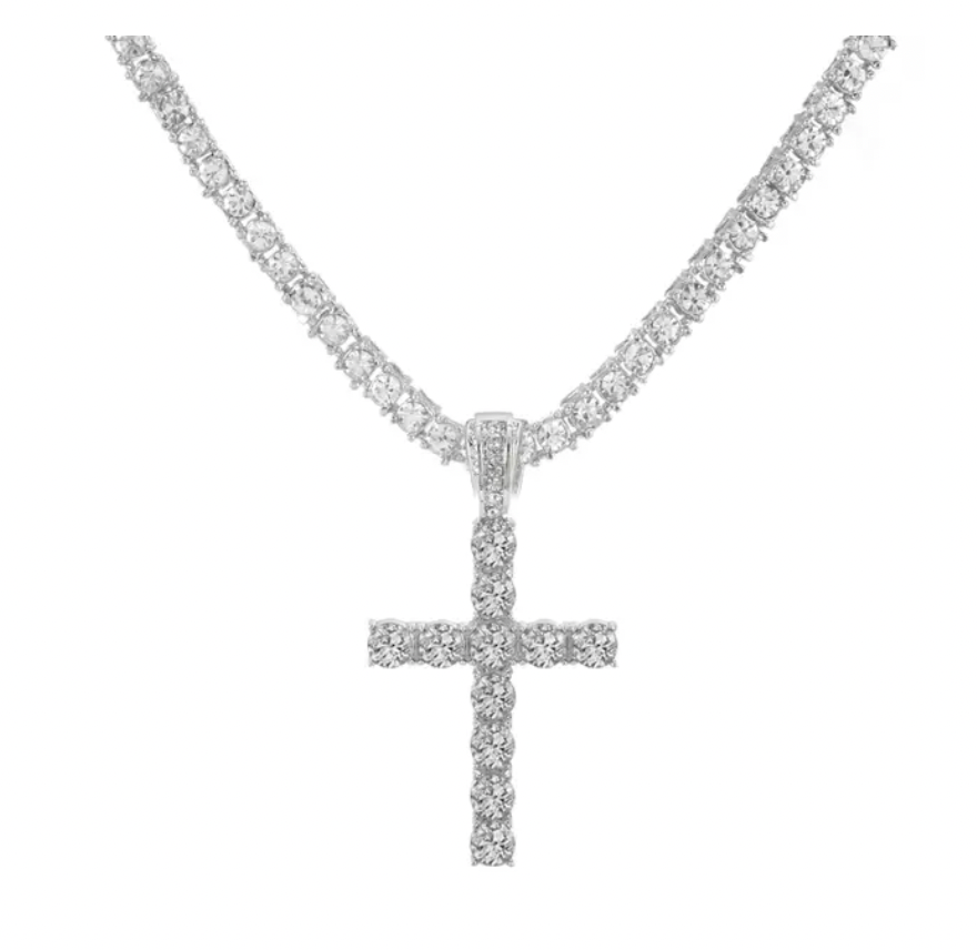 Cubic Zirconia Tennis Chain Cross Necklace
